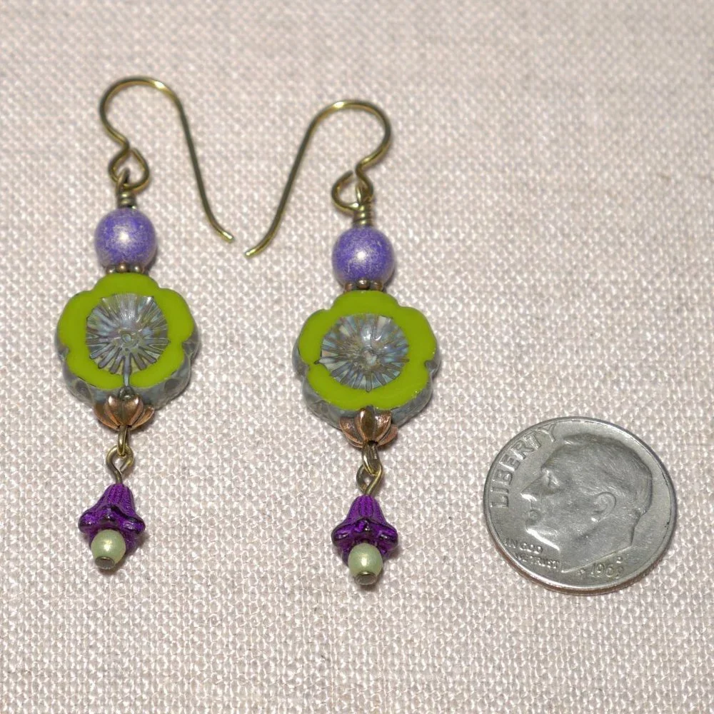 Hand Crafted Handmade Earrings Green & Purple Czech Glass Long Flower Earrings - Picture 3 of 4